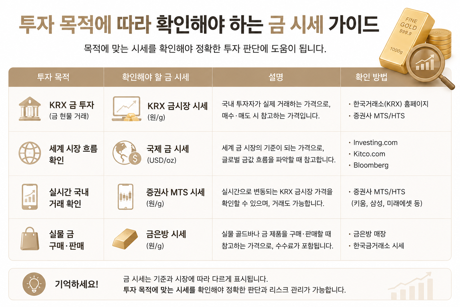 투자 목적에 따라 확인해야 하는 금 시세를 정리한 인포그래픽