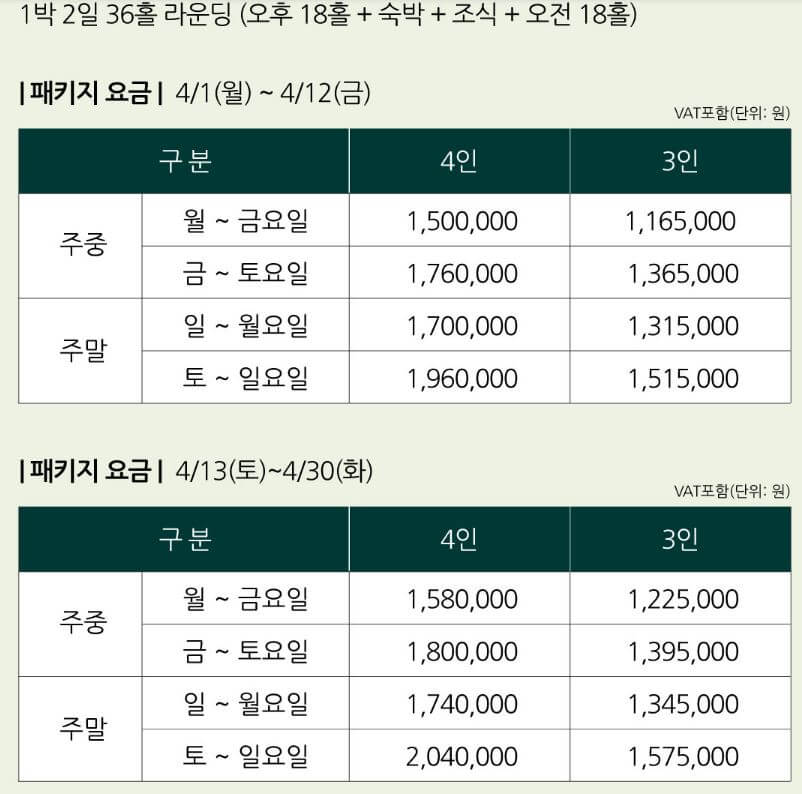 웰리힐리CC 4월 패키지 요금표