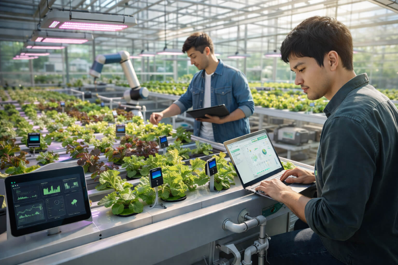 청년 연구자들이 스마트팜 온실에서 태블릿과 노트북으로 작물 데이터를 분석하는 스마트농업 스타트업 이미지