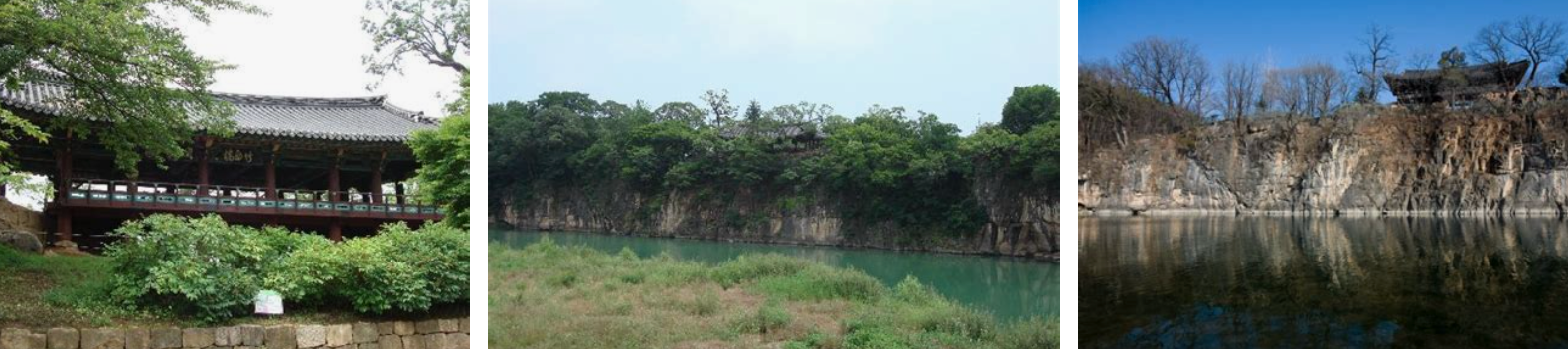 아름다운 강을 지니고 따라 있는 죽서루 모습