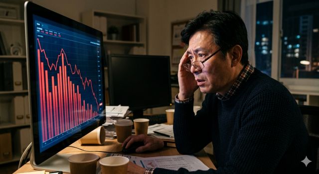 코스피 급락 상황에서 하락하는 주가 그래프를 바라보는 투자자 모습 (2026 주식시장)