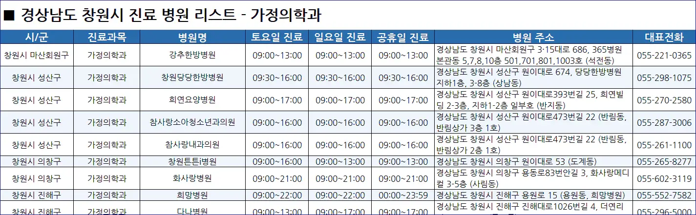 창원시-일요일-진료병원-리스트-예시