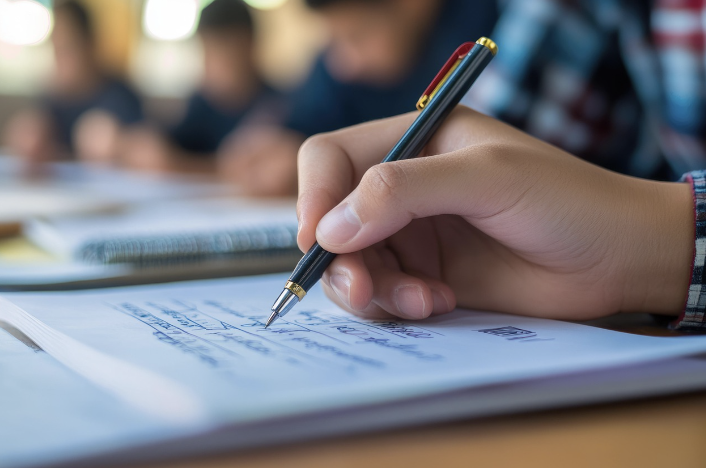 AI 도구 없이 직접 손으로 글을 작성하며 사고하는 과정을 보여주는 학습자 모습