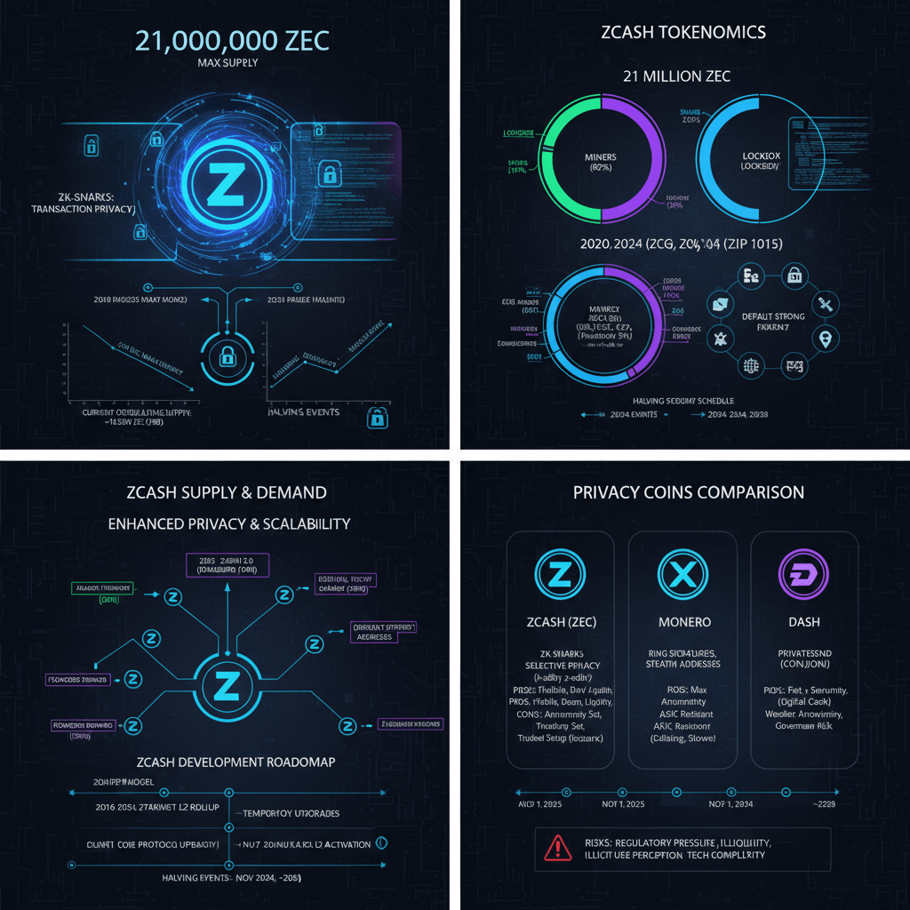 Zcash 최대 공급량, 토큰 경제, 개발 로드맵 및 프라이버시 코인 비교 인포그래픽