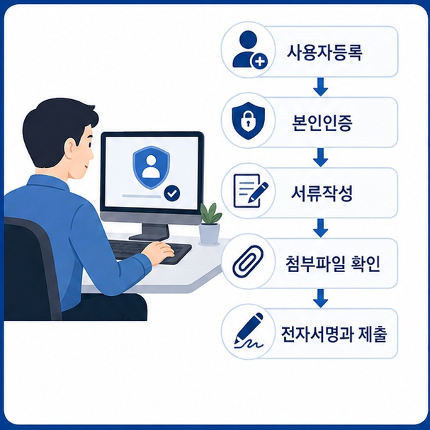 전자소송 이용자가 사용자등록과 본인인증을 거쳐 소송서류를 작성하고 첨부파일을 확인한 뒤 전자서명으로 제출하는 과정을 보여 주는 그림
