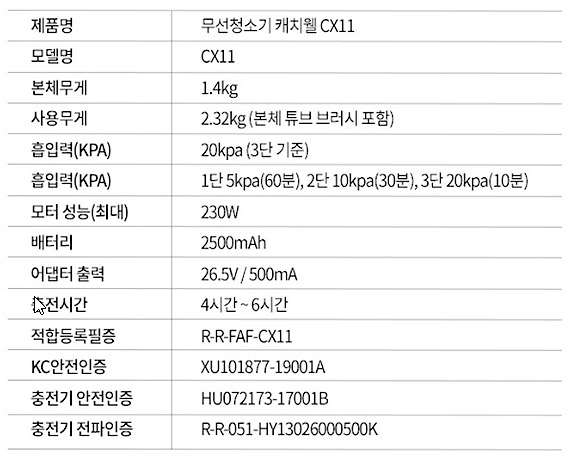 CX11 무선 청소기 사양
