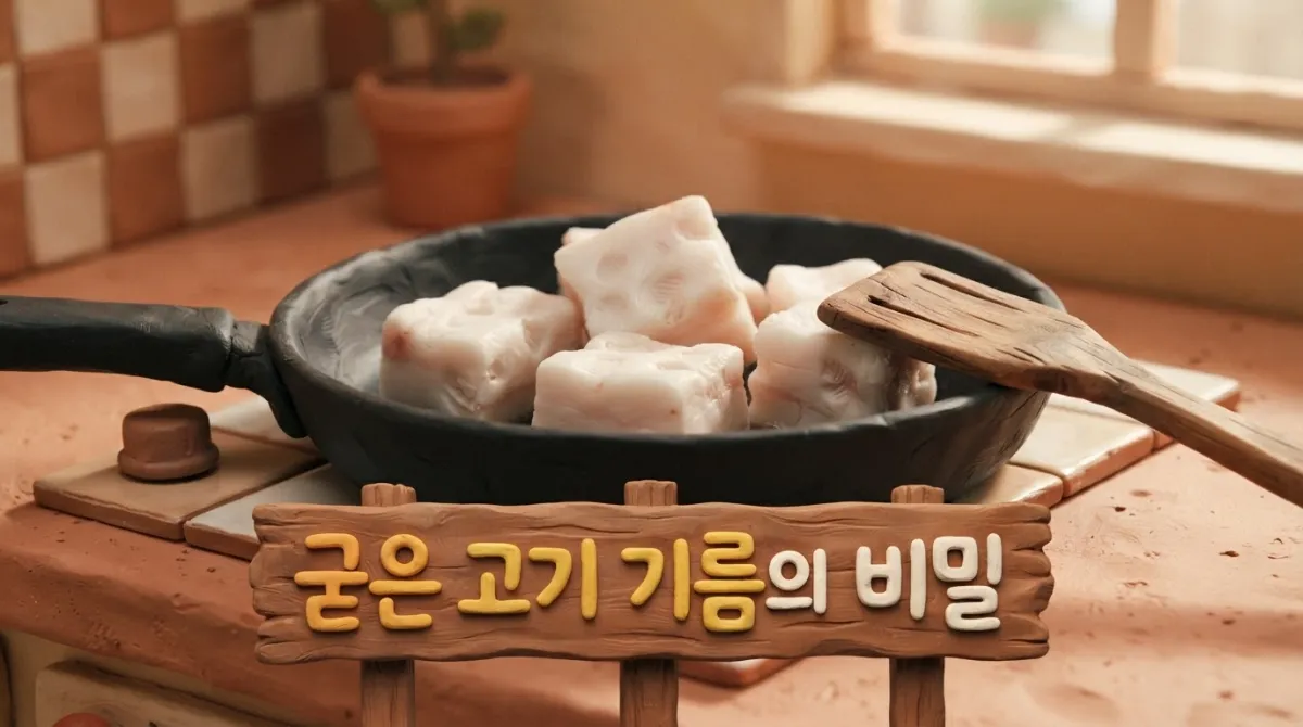 찰흙으로 빚은 프라이팬 안에 하얗게 굳은 돼지고기 기름 덩어리가 담겨 있는 아드만 스타일의 클레이 스톱모션 정물화