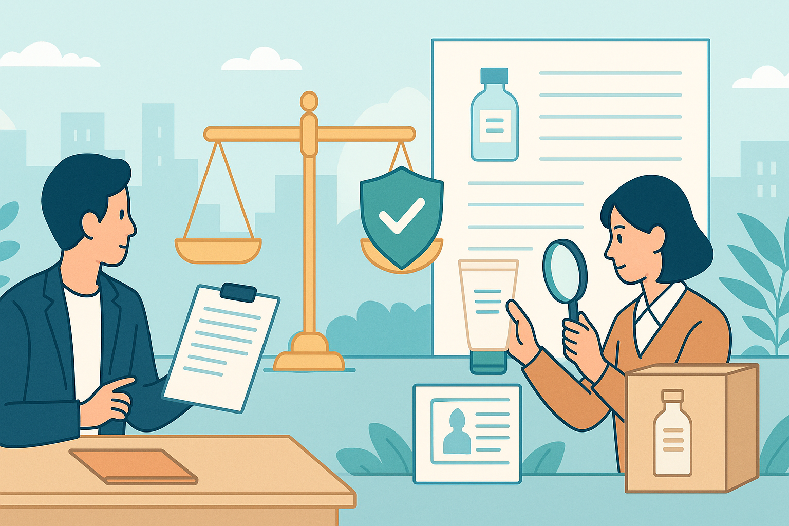 넓은 배너형 일러스트에서 전문가 두 사람이 사무공간에서 문서와 제품 용기를 점검하고 저울과 보호 방패 아이콘이 함께 배치된 장면으로, 화장품 책임판매업자와 단순판매자의 역할 구분, OEM·ODM 납품, 라벨 표시·안전관리·회수 절차 등 규제 준수 프로세스를 상징적으로 표현