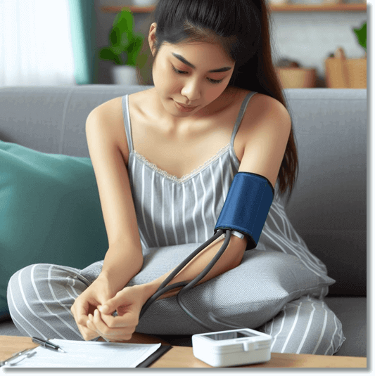 혈압 체크 하는 젊은 고혈압 여성 환자