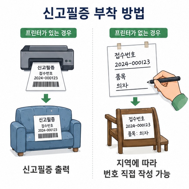 프린터로 신고필증을 출력하는 방법과 지역에 따라 접수번호 등을 종이에 직접 적어 폐기물에 붙이는 방법을 비교한 그림