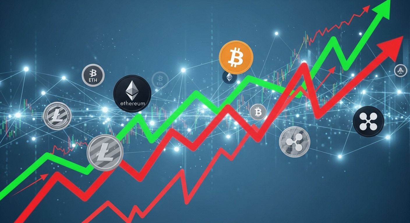 성장과 변동성을 동시에 보여주는 암호화폐 시장의 추상적인 이미지. 블록체인 네트워크와 코인 아이콘, 그리고 상승 및 하락 곡선이 어우러져 있다.