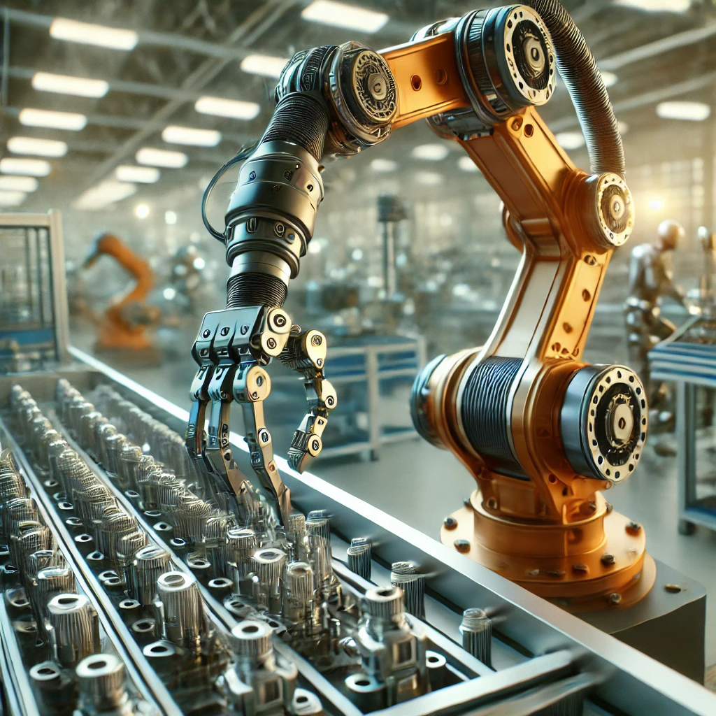 자동화된 공장에서 부품을 조립하는 산업용 로봇 암