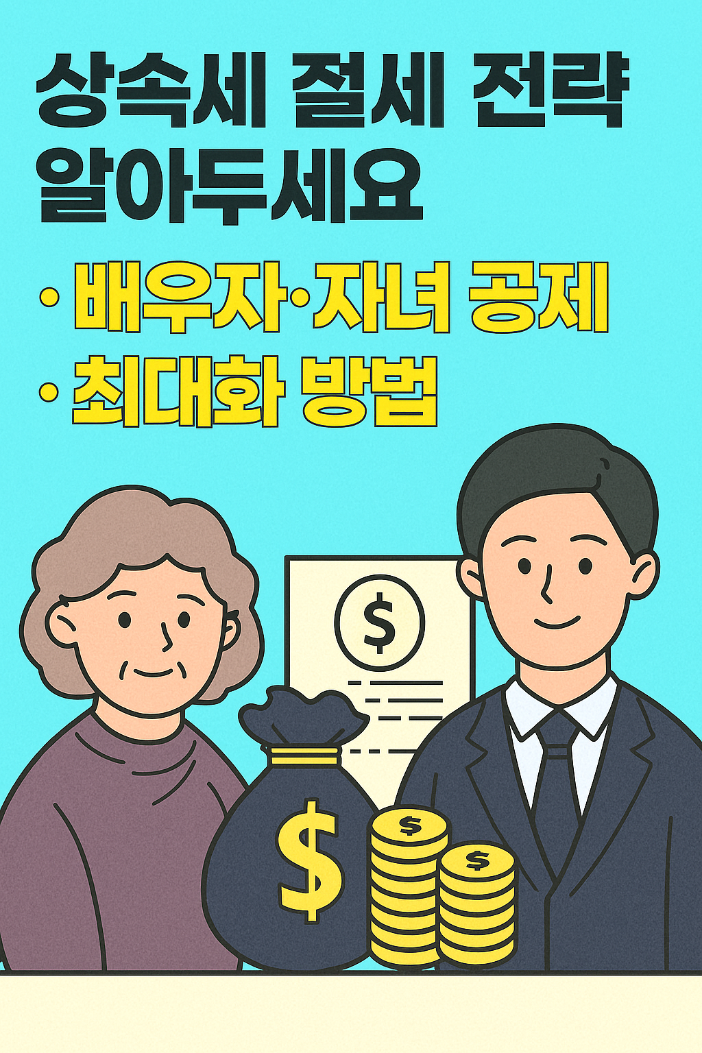상속세 절세 전략을 설명하는 썸네일 이미지로, &lsquo;상속세 절세 전략 알아두세요: 배우자&middot;자녀 공제 최대화 방법&rsquo;이라는 문구와 함께 돈자루와 금화, 가족(부모와 자녀)을 상징하는 일러스트가 포함된 세련된 디자인.