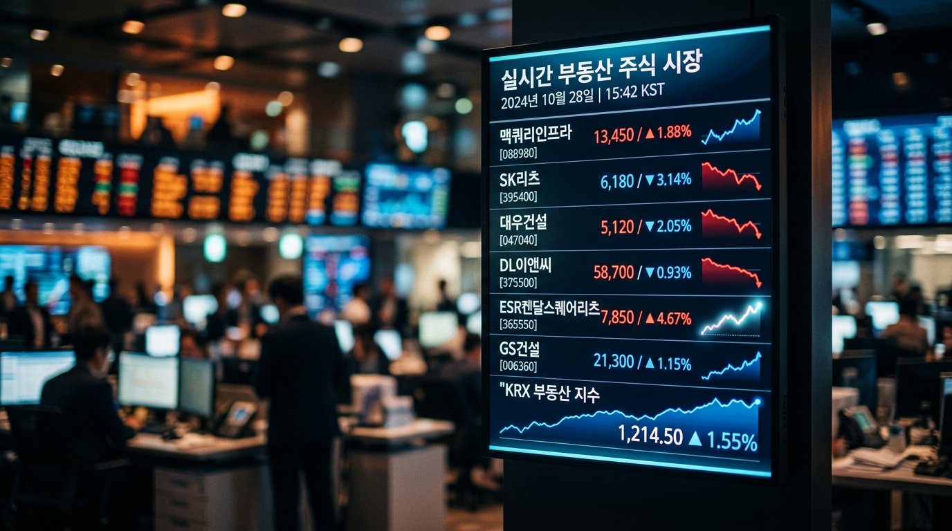 디지털 증권 전광판처럼 실시간으로 변하는 부동산 가격 지표와 화살표들이 혼합된 테크니컬한 이미지.