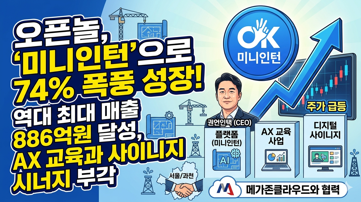오픈놀 기업 로고와 상승하는 주가 그래프, 미니인턴 플랫폼 화면과 '역대 최대 매출 886억' 텍스트가 합성된 블로그 썸네일. 상단에는 '오픈놀 역대 최대 매출 74% 성장! 미니인턴과 AX의 결합, 주가 전망 분석'이라는 대형 한글 텍스트와 함께 '메가존클라우드협력' 텍스트가 삽입되어 있다. 이미지 중앙에는 미니인턴 플랫폼 화면과 함께 기업이 원하는 'AI 활용 실무자'를 검증하는 독보적인 플랫폼임을 나타내는 아이콘이 있다. 배경은 맑은 하늘과 함께 오픈놀의 AX 교육 콘텐츠와 실무 플랫폼을 직접 보급하는 온&middot;오프라인 통합 커리어 생태계 이미지가 오버레이되어 있다.