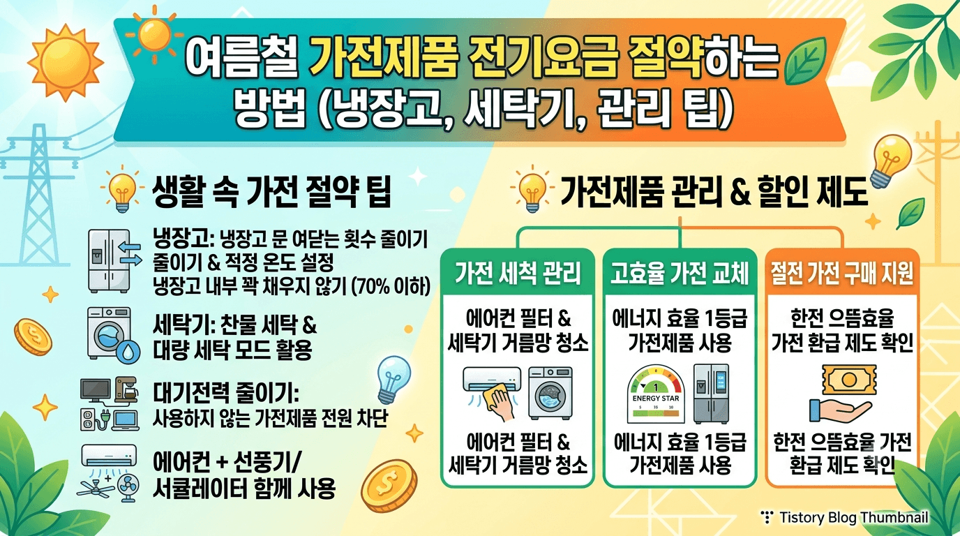 여름철 전기요금 절약하는 방법(냉장고 전기 절약, 세탁기 절전, 가전제품 관리)