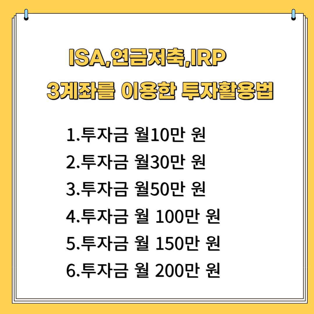 ISA, 연금저축, IRP 3계좌를 이용한 투자금 활용법 1.투자금 월10만 원 2.투자금 월 30만 원 3.투자금 월 50만 원 4.투자금 월 100만 원 5.투자금 월 150만 원