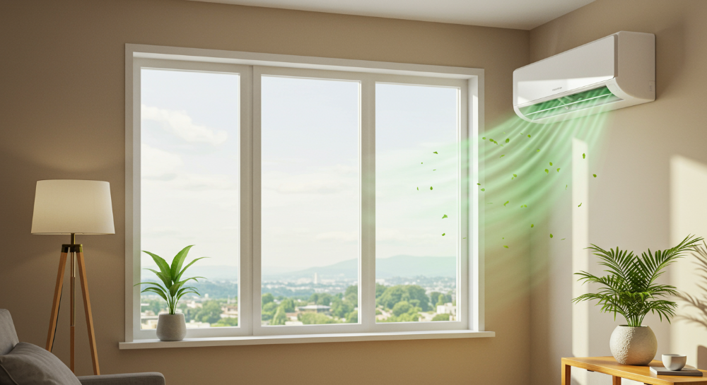 창문형 에어컨에서 나오는 시원하고 깨끗한 바람이 방 안의 불쾌한 냄새를 제거하는 모습, 쾌적하고 상쾌한 실내 환경을 시각적으로 표현.