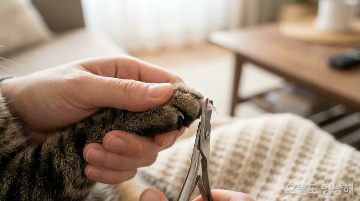 고양이 발톱을 조심스럽게 깎는 모습의 클로즈업