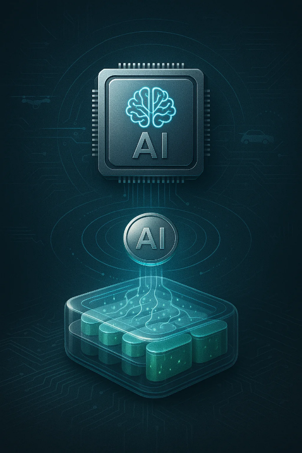 AI 반도체 칩과 전기차 배터리 셀이 조화롭게 배치된 미래 산업 생태계를 표현한 SF 스타일 일러스트, 2025년 ETF 투자 유망 테마 설명용 이미지
