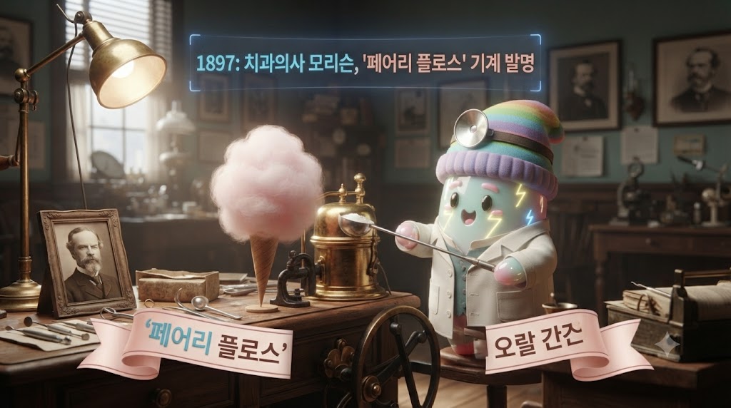 1897년 미국 테네시주 내슈빌의 허름한 치과 진료소. 3D 쫀쿠가 의사 가운을 입고 페달을 밟아 작동하는 초창기 솜사탕 기계를 돌리고 있습니다. 한 손에는 드릴 대신 설탕 국자를 들고 있고, 다른 한 손으로는 막대에 감겨 나오는 솜사탕을 받고 있습니다. 벽에는 해부학 포스터 대신 '충치 예방' 포스터가 붙어 있어, 치과의사가 단 간식을 발명했다는 역사적 아이러니를 강조합니다.