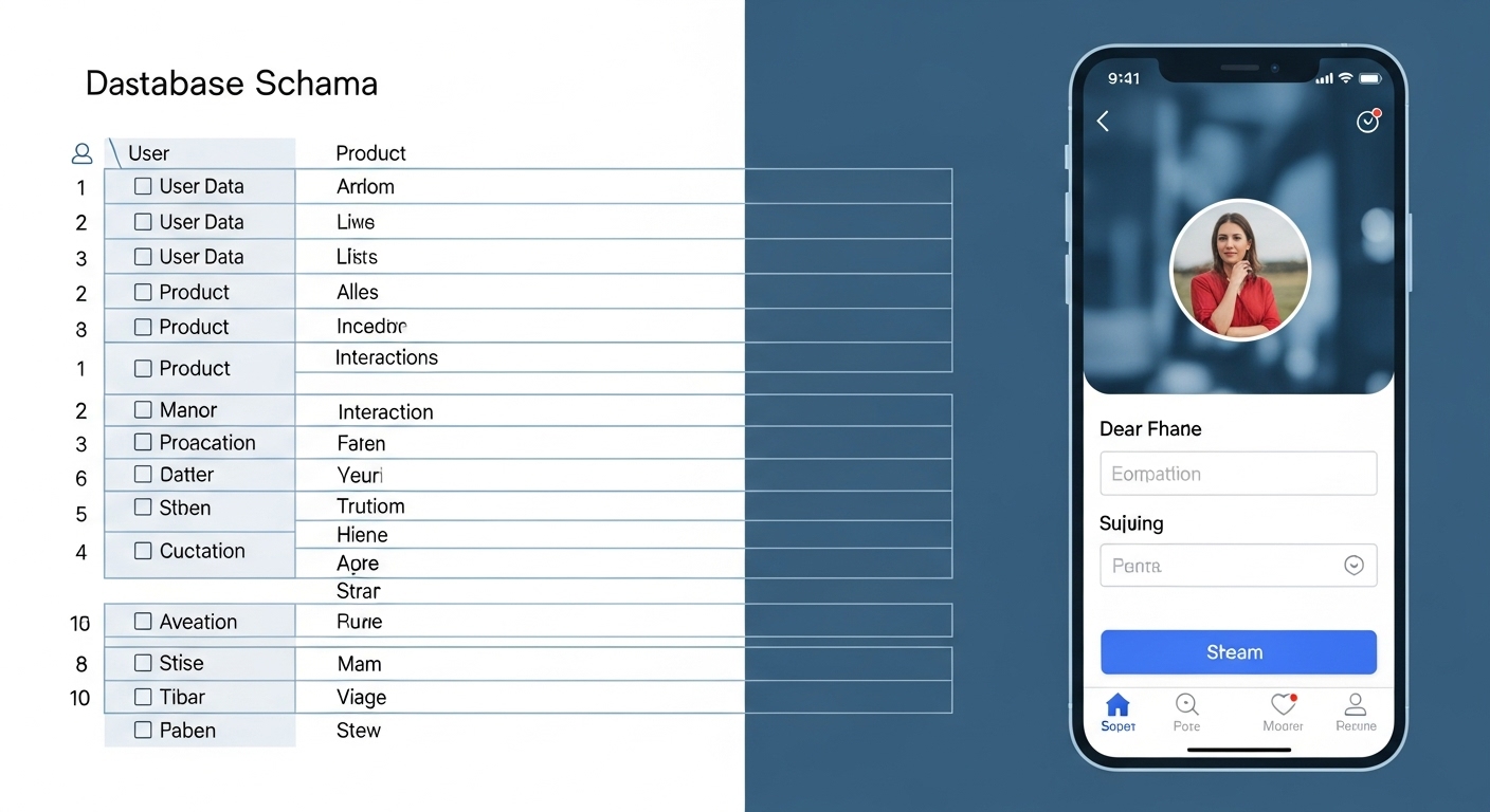 노코드 앱의 데이터베이스 구조 설계와 직관적인 사용자 인터페이스(UI) 디자인을 보여주는 그림.