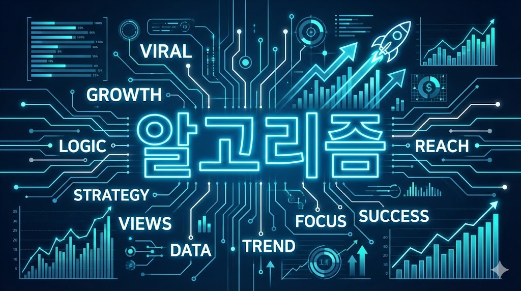유튜브 알고리즘 떡상을 위한 전략적 데이터 분석과 성장을 상징하는 인포그래픽 이미지