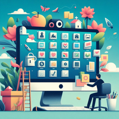 자연을 배경으로 컴퓨터 화면의 콘텐츠를 정리하는 사람의 일러스트입니다.