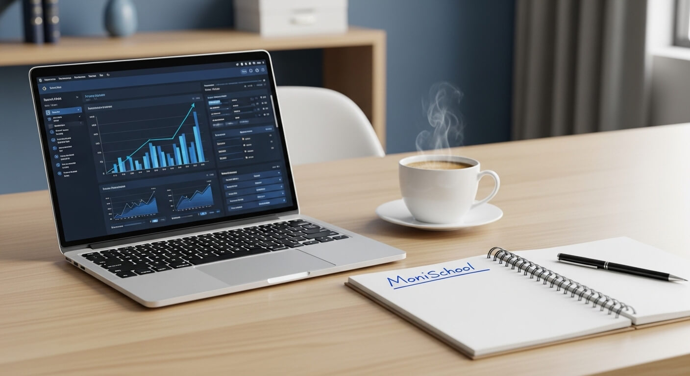 랩탑에 주식그래프가 있고 노트에는 MONISCHOOL 이 있으며 커피가 한잔 노여있다