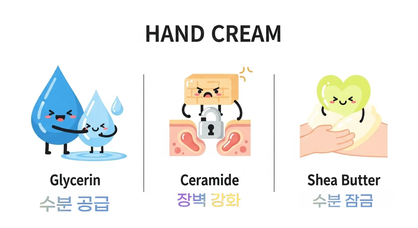 &quot;핸드크림의 3대 핵심 성분인 글리세린, 세라마이드, 시어버터를 아이콘으로 설명하는 인포그래픽&quot;