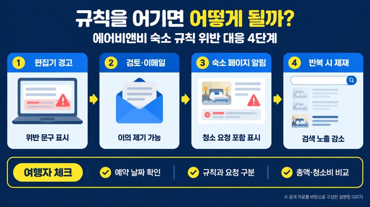 에어비앤비 숙소 규칙 위반 대응 4단계 인포그래픽 - AI 생성 이미지