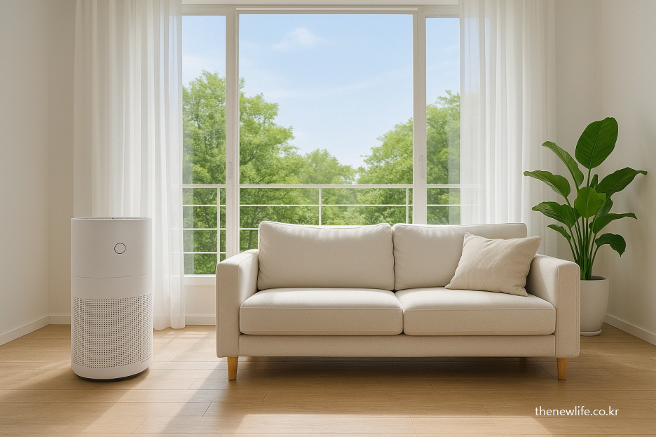 공기청정기와 소파, 식물이 있는 밝은 햇살의 거실 인테리어