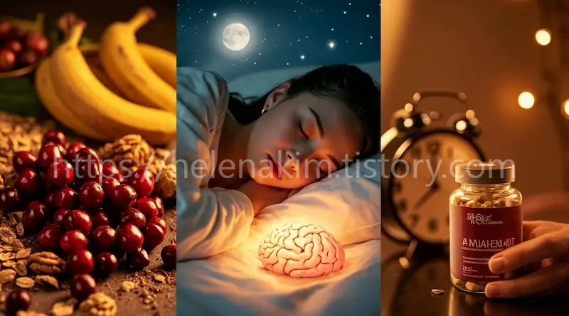 멜라토닌이 풍부한 바나나, 체리, 그리고 자는 모습과 멜라토닌 약병이 있는 이미지.