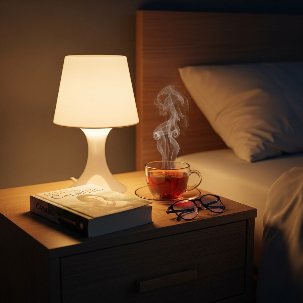 [이미지 2: 침대 옆 탁자에 스마트폰 대신 책 한 권과 따뜻한 허브티가 놓여있는 감성적인 이미지]