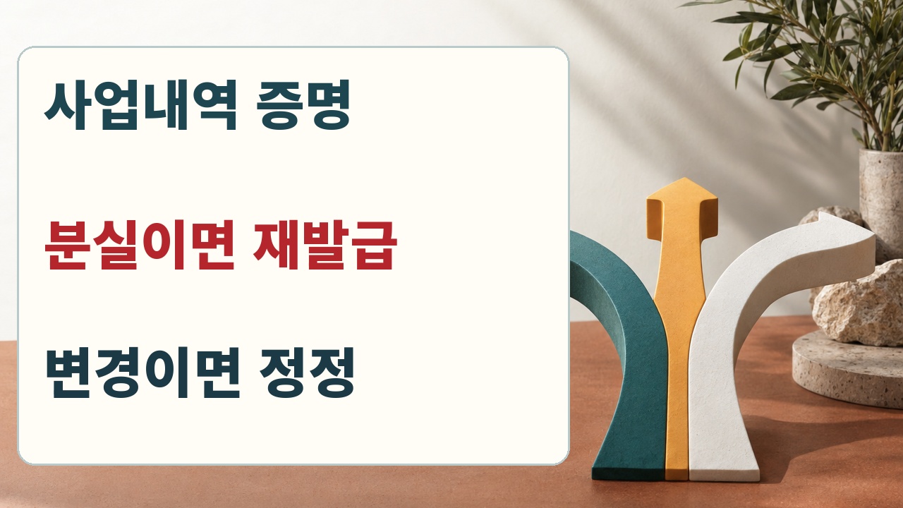 사업내역 증명, 분실 시 재발급, 등록정보 변경 시 정정으로 나누는 선택 안내