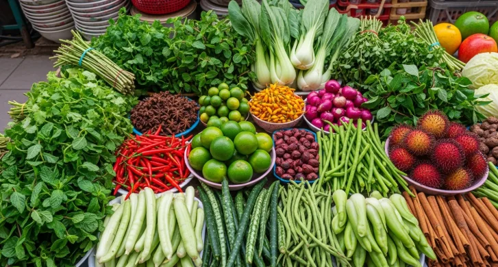 활기 넘치는 베트남 시장에서 신선하고 다채로운 베트남 식재료와 향신료들이 아름답게 진열된 모습. 건강하고 풍부한 베트남 요리의 기반을 보여줍니다.