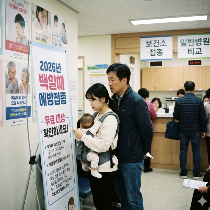 2026년 백일해 예방접종 안내문 앞에서 영아를 안은 보호자가 보건소 접수 대기 중인 모습