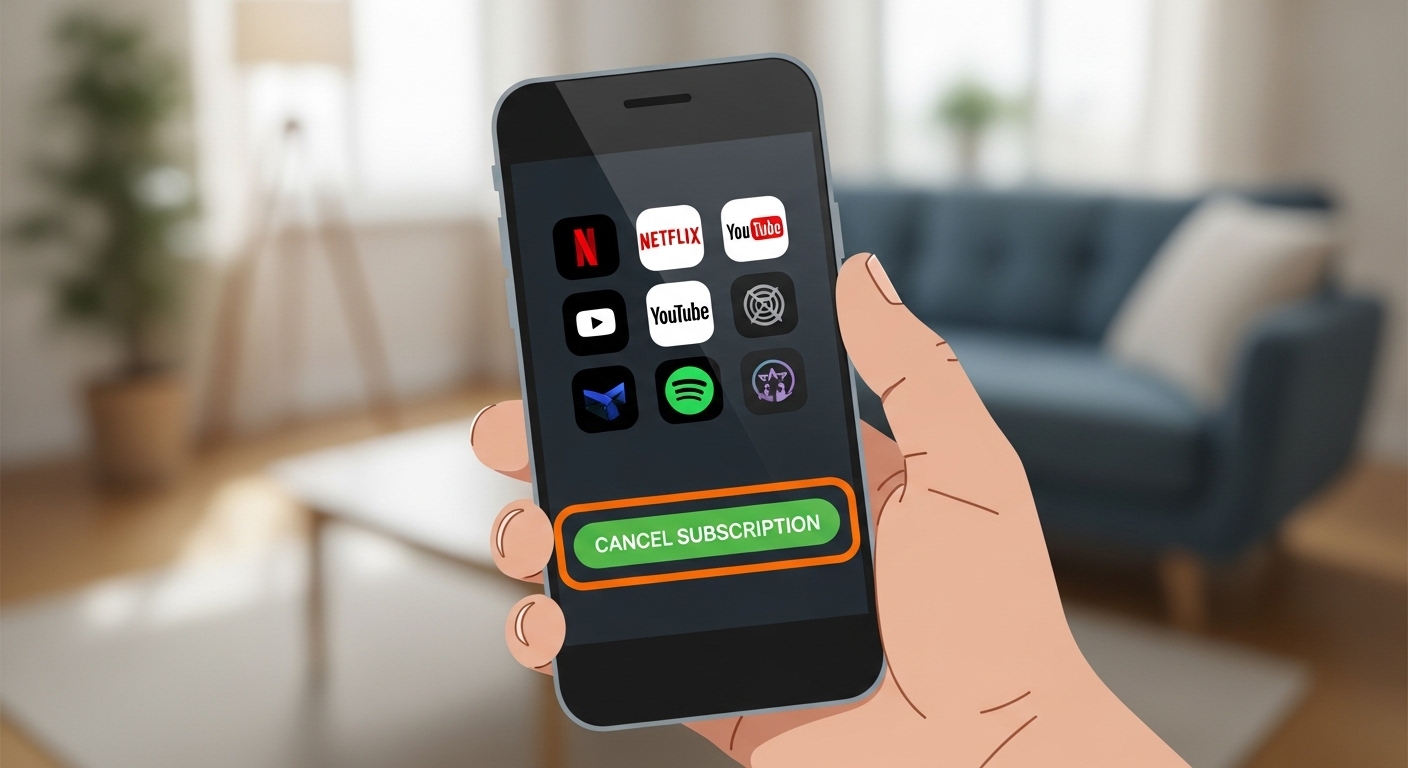 스마트폰으로 넷플릭스, 유튜브 등 여러 구독 서비스 앱을 관리하며 불필요한 구독을 해지하는 손. 디지털 지출을 점검하는 모습.