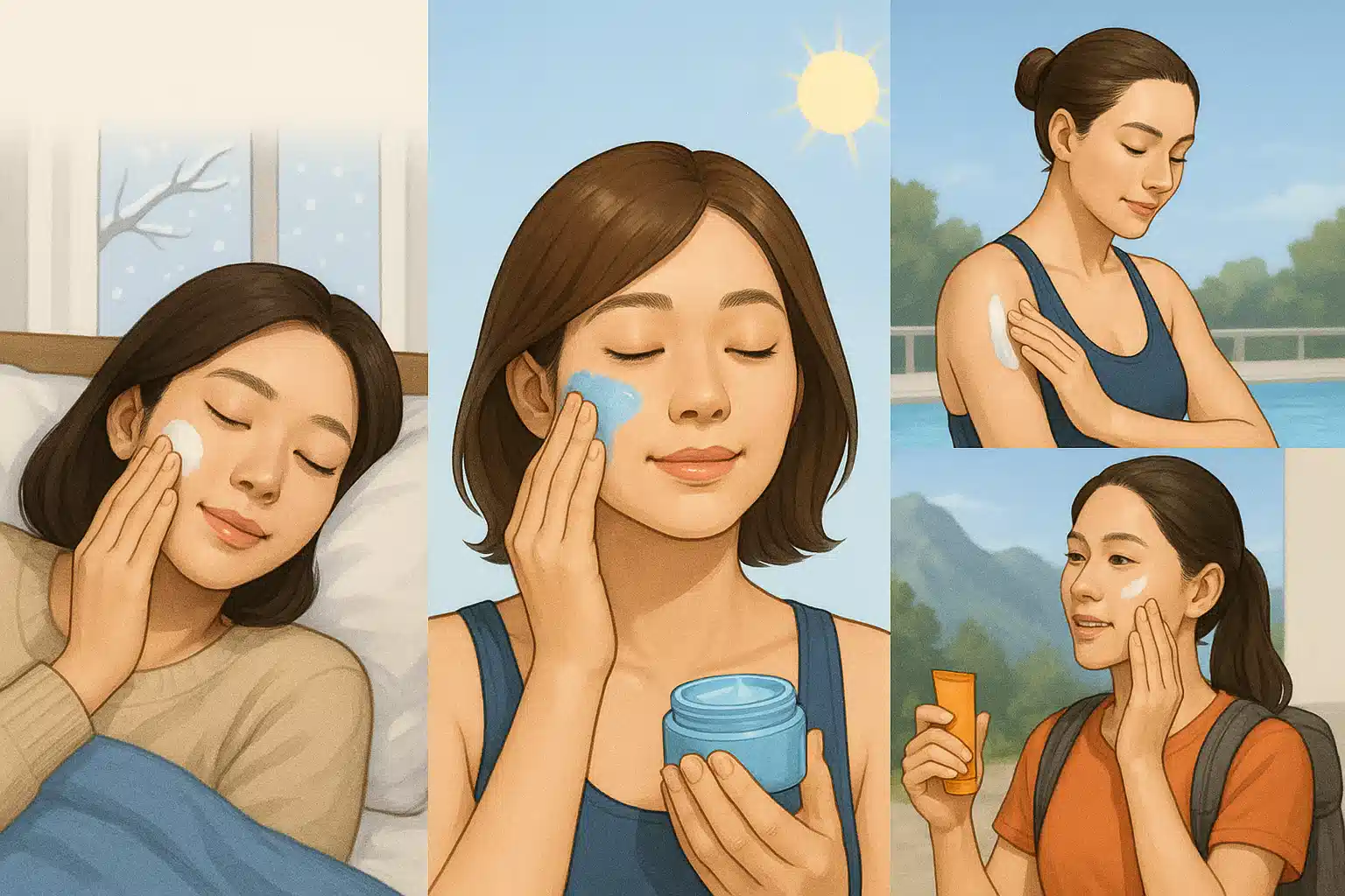 계절별 피부관리를 표현한 이미지, 수영이나 등산 후 보습제를 바르는 모습, 자외선 차단제를 바르는 장면