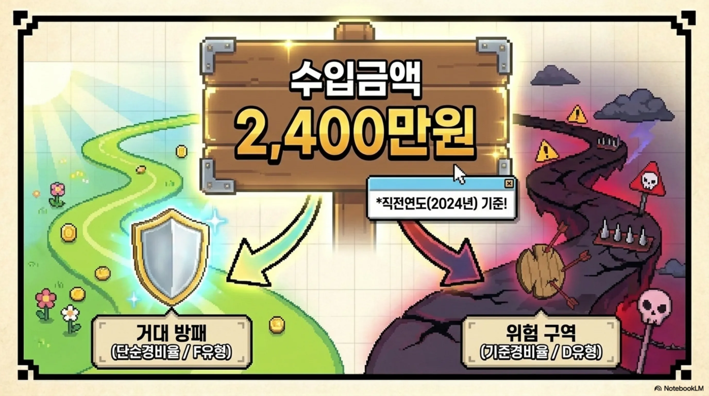 프리랜서 종합소득세: 직전연도 수입금액 2400만원이 단순경비율과 기준경비율의 갈림길임을 나타내는 게임 맵 형식의 이미지. 나무 표지판에 수입금액 2400만원이 적혀 있고 왼쪽 초록색 길은 거대 방패라는 이름의 단순경비율 F유형으로 오른쪽 붉은색 길은 위험 구역이라는 이름의 기준경비율 D유형으로 이어진다. 프리랜서 종합소득세 경비율 적용 기준을 게임 분기점으로 시각화한 이미지 