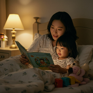 잠자기 전 엄마가 책 읽어주는 모습