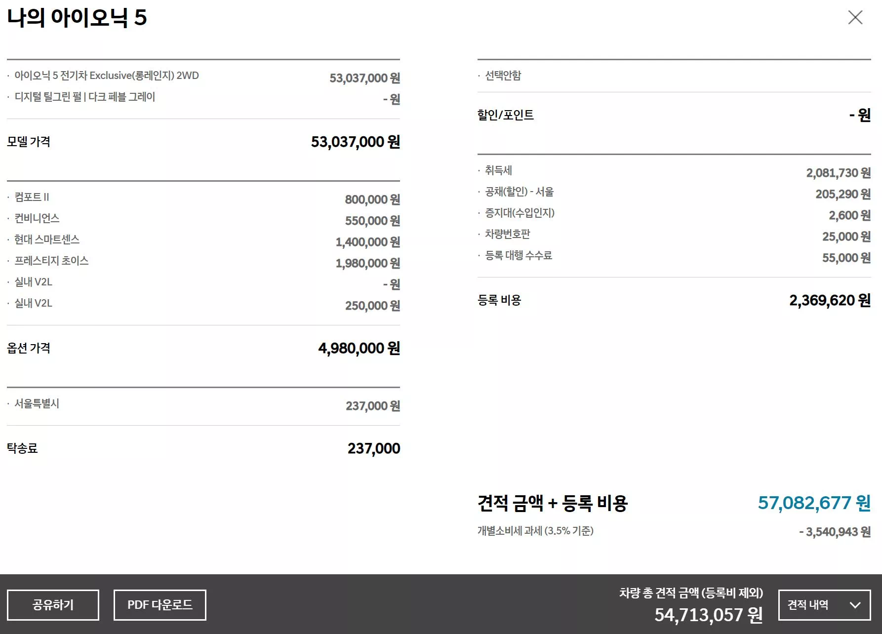 현대 아이오닉 5 롱 레인지 2WD 익스클루시브로 알아본 견적입니다.