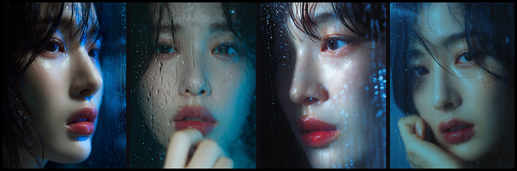 비 내리는 창가에서 이별을 예감하고 눈물을 참는 여성의 시네마틱한 감성 컷_Midjourney