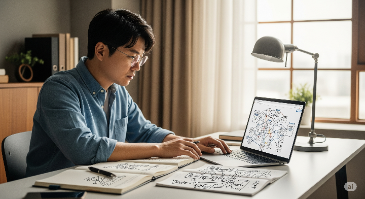 젊은 남성이 블로그 주제 아이디어를 떠올리며 노트북에 적는 모습