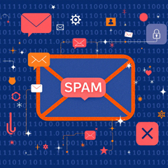 관세미납메일 사기를 가장한 스팸 이메일 아이콘과 이진 코드 배경, 해킹 경고를 나타내는 디지털 아트