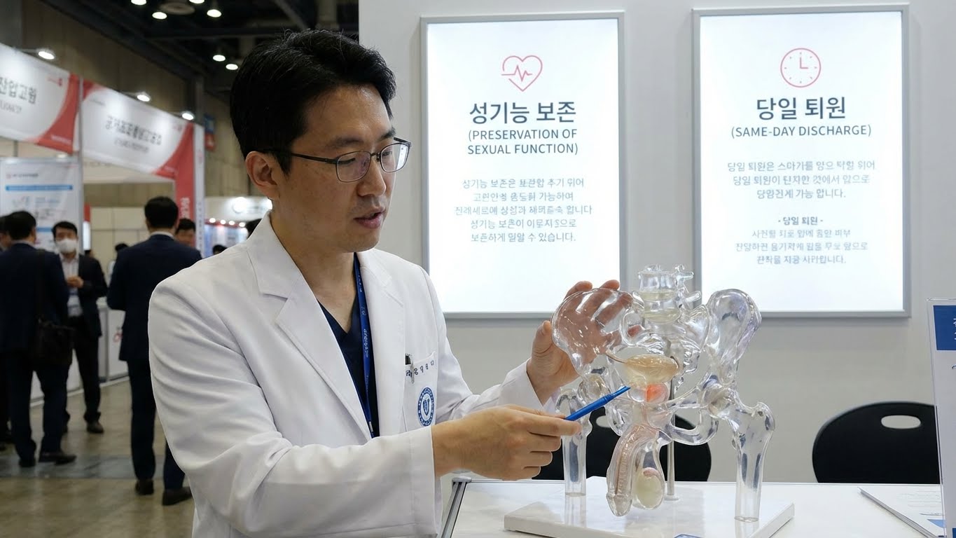 의사가 '유로리프트' 시술 원리(전립선을 양쪽으로 묶어 길을 터주는 모습)를 모형으로 설명하는 사진