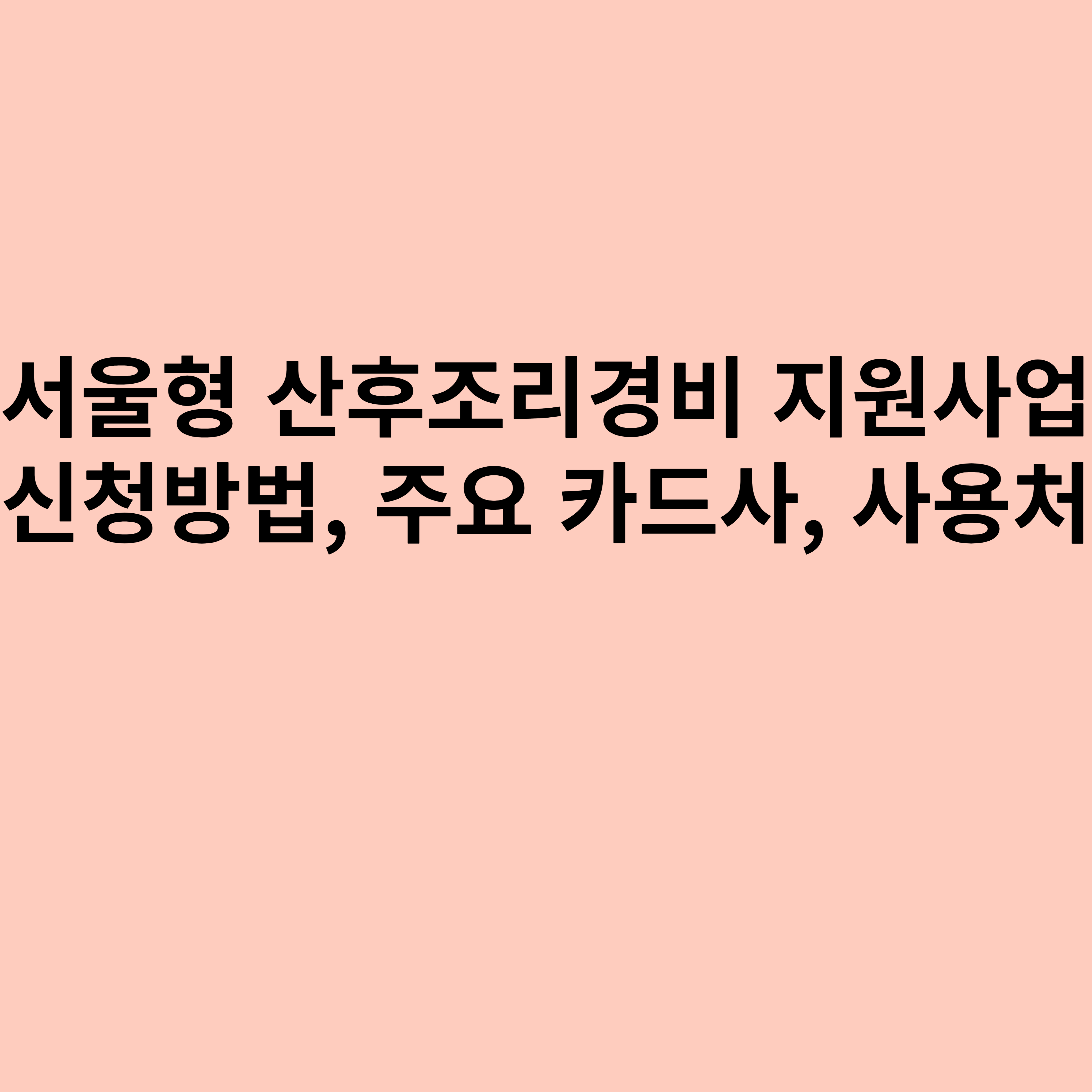 서울형 산후조리경비 지원사업 신청방법, 주요 카드사, 사용처에 대한 내용을 소개하는 포스터입니다.