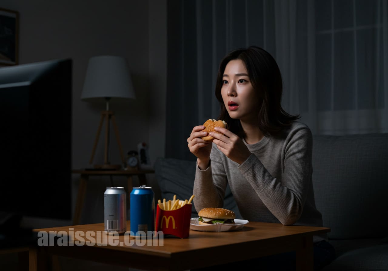 늦은 밤 혼자 앉아 햄버거를 먹는 30대 여성