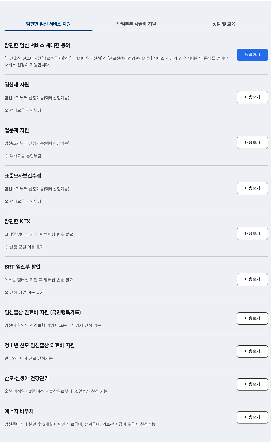 임산부 주요 혜택 정부24 리스트