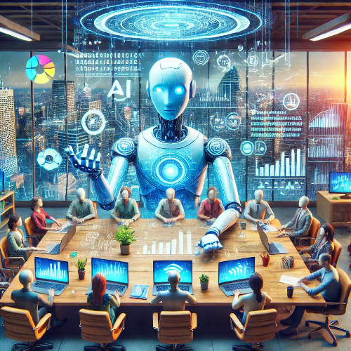 첨단 AI 기술이 강조된 미래적인 인터페이스. AI가 텍스트 생성, 이미지 생성, 데이터 분석을 수행하는 모습을 시각적으로 표현